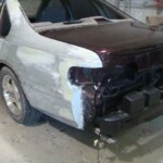 Before and after photographs of a damaged Chevy Impala that was repaired by Elite Paint & Body Shop in West Palm Beach, Florida.